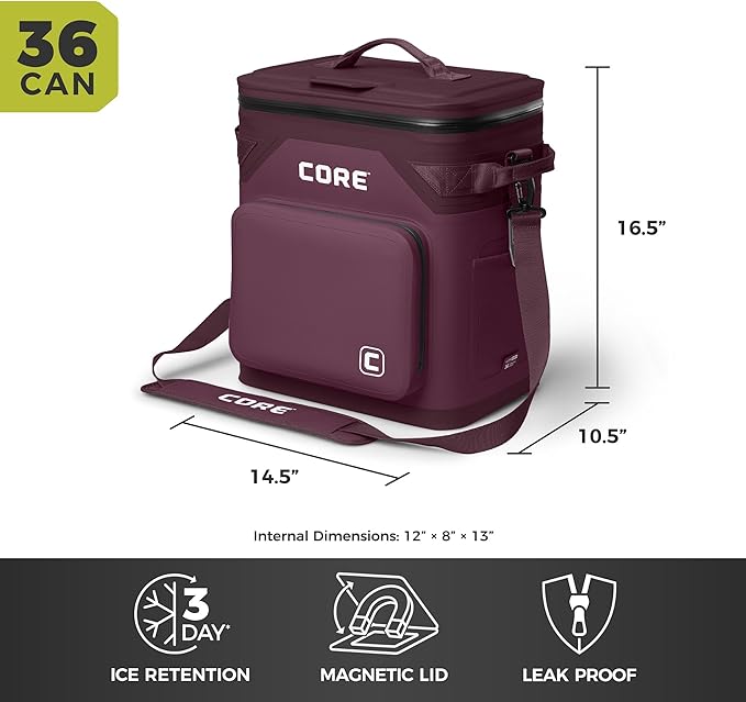 CORE Magnetic Leak Proof Soft Cooler with Waterproof Zipper | Insulated Bag Portable Ice Chest Box | Best Soft Cooler for Food & Beverages for Tailgating, Car Camping, Travel, and Family Beach Picnics