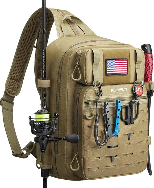Piscifun Fishing Backpack Tackle Bag with 2 Rod Holders, Multi-Compartment Storage, MOLLE System, Water-Resistant Lightweight Outdoor Pack