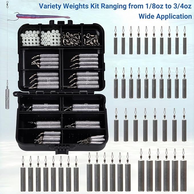 48Pcs Drop Shot Weights Set, Slim Pencil Style Lead Fishing Weights Sinkers Kit for Dropshot Rigging 6 Sizes Assorted with Barrel Swivel and Rig Beads