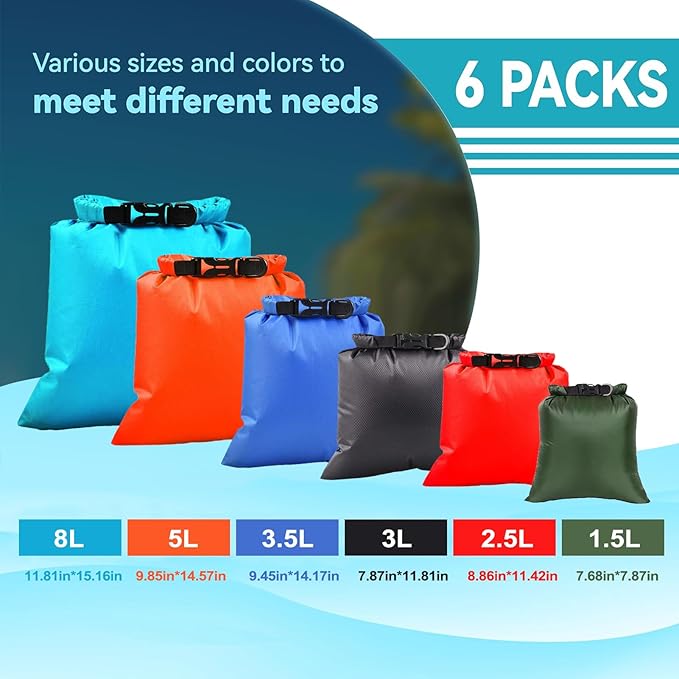 6PCS Dry Bags Waterproof, Lightweight Dry Bags for Kayaking Waterproof，Outdoor Waterproof Bag for Kayaking Hiking Boating Camping