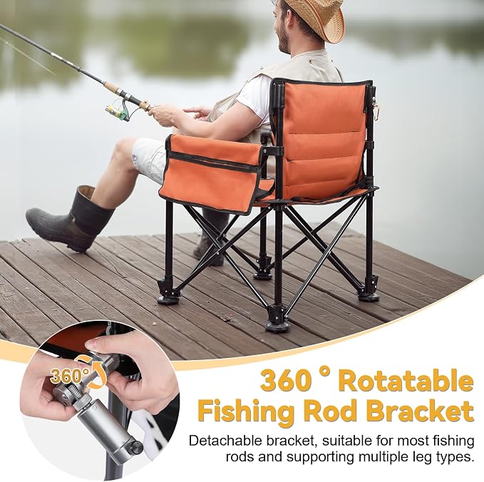 Heavy Duty Folding Fishing Chair 220LBS Load Capacity, Portable Compact Camping Chair with 1 Detachable Rod Holders, Adjustable Legs, Storage Bags & Non-Slip Feet for Outdoor Fishing Beach
