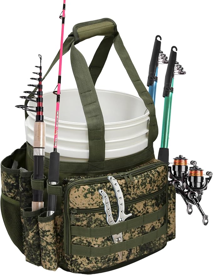 MYDAYS Fishing Bucket Organizer, Fishing Tackle Bag for Men, Rod and Tackle Boxes Holder Bag with Adjustable Buckle, Bucket Not Included (Green Camo)