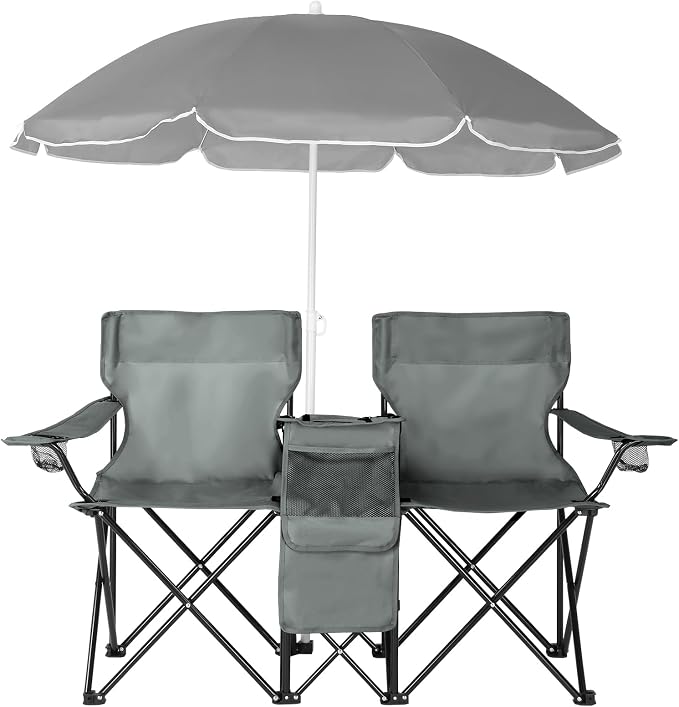 Double Camping Chair with Removable Umbrella, 2-Person Portable Folding Chair with Built-in Cooler Bag, Cup Holders & Storage Pockets, Heavy Duty Loveseat for Beach, Picnic, Fishing, Grey