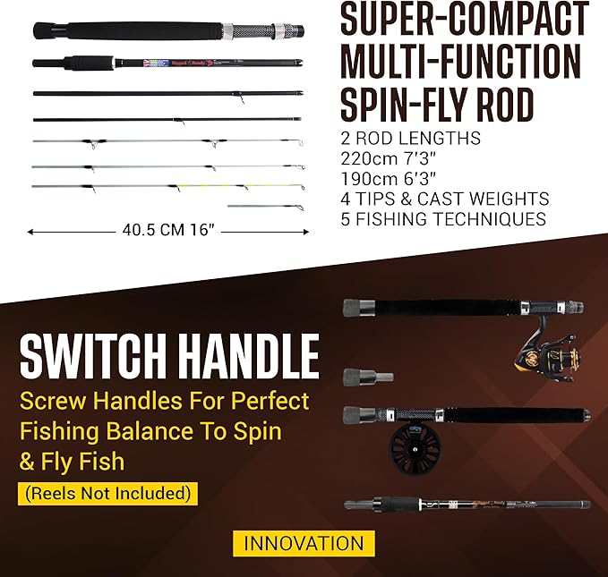 Rigged & Ready X Series™ Travel Fishing Rods. 6 Super Compact Combos and Rods, Multi-Functional, Spinning Poles. 5 to 25 Techniques from one Rod. Spin, Bass, Carp, Fly. Fresh & Saltwater Angling.