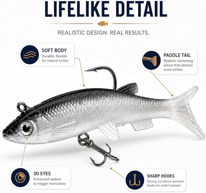 Soft Fishing Lure Kit for Bass/Trout/Pike/Salmon, 4Pcs Fishing Gear for Individually Packaged Baits with Gift Box