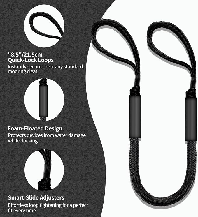 2-Pack Bungee Dock Lines for Boats with Loops, Boat Tie Downs for Docking, Adjustable Boat Mooring Rope for Pontoon, Jon Boat & PWC (Black, 4 FT)