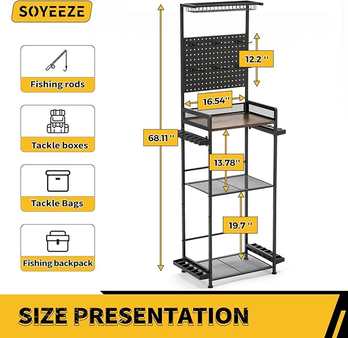 SOYEEZE Fishing Rod Holders for Garage, Fishing Rod Rack Hold Up to 12 Rods, 3 Tier Shelf, Pegboard and Wooden Countertops Designied for Fishing Pole Tackle Box Reel Line Storage, Fishing Gift
