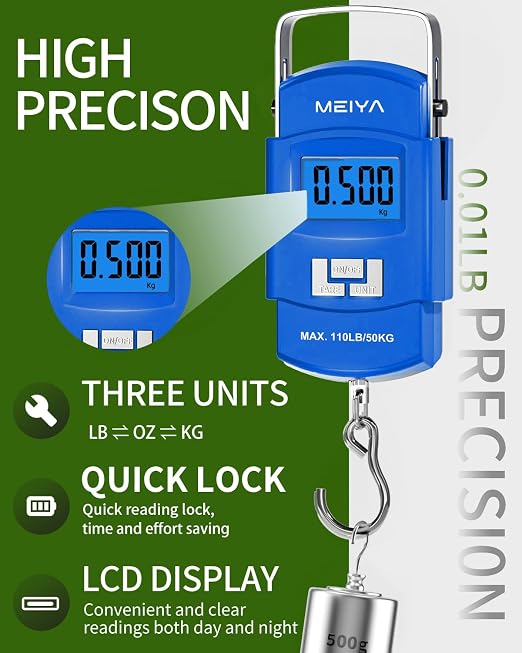 MEIYA Fish Scale 110lb Portable Luggage Scale Travel Digital Hanging Scale with Hook, Fishing Gifts for Men, Weighing Tool for Suitcases & Fish, Includes 2 AAA Batteries, Backlit LCD Display (Blue)