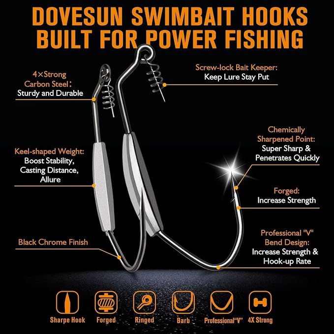 Dovesun 12PCS/44PCS Weighted Swimbait Hooks Weighted Fishing Hooks Saltwater Freshwater Worm Weedless Hooks for Bass Fishing 3/0 4/0 5/0