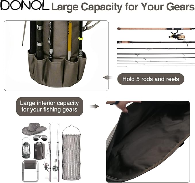 DONQL Fishing Rod Bags, Outdoor Fishing Pole Holders Reel Case, Multifunction Camping Portable Travel Carry Case Backpack Fish Rod Reel Bag, Holds 5 Poles & Fishing Tackles, Fishing Gear for Men