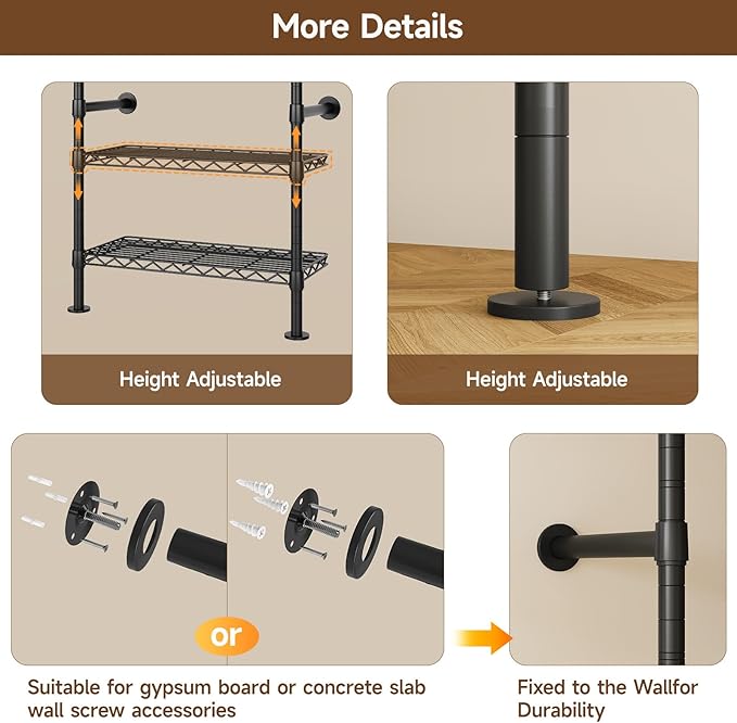 H5 Wall Mounted Closet System, Industrial Pipe Clothes Racks Clothing Rack with 4 Telescopic Rods & 3 Fixing Rods & 9 Shelves, Heavy Duty Closet Organizers and Storage in Wardrobe Closet (Black)
