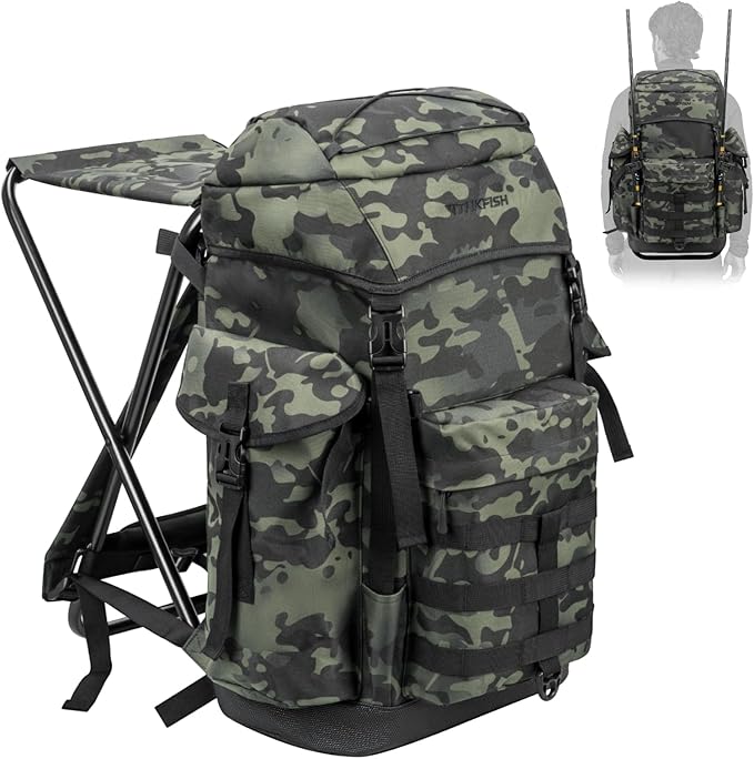 THKFISH Fishing Hunting Backpack Chair with Rod Holder, 35L Large Capacity Storage Tackle Box Foldable Backpack Stool for Adults Fishings, Camping and Hunting