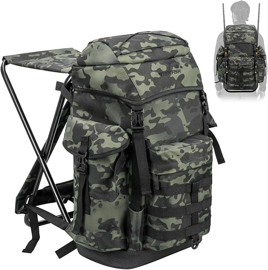 THKFISH Fishing Hunting Backpack Chair with Rod Holder, 35L Large Capacity Storage Tackle Box Foldable Backpack Stool for Adults Fishings, Camping and Hunting