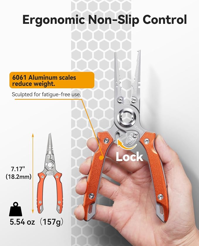 KEXMO 17-4 Stainless Steel Fishing Pliers, Anti-Twist Saltwater Hook Remover Tool, 7.17" Split Ring Pliers with Tungsten Cutters, Lightweight Aluminum Scales, Luminous Locking S-Carabiner