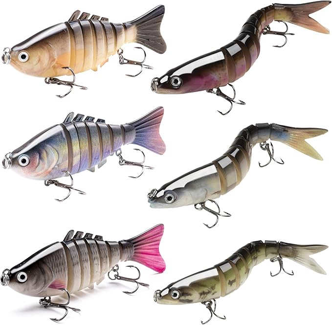 SANWEAL 6PCS Multi Jointed Fishing Lures Kit, 2 Size Slow Sinking Swimbait Hard Baits with 3D Eyes and Treble Hooks, Segmented Baitfish Artificial Fishing Bait for Bass Trout Freshwater Saltwater