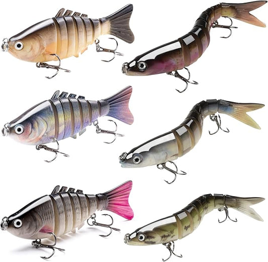SANWEAL 6PCS Multi Jointed Fishing Lures Kit, 2 Size Slow Sinking Swimbait Hard Baits with 3D Eyes and Treble Hooks, Segmented Baitfish Artificial Fishing Bait for Bass Trout Freshwater Saltwater