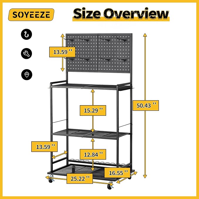 SOYEEZE Large Size Fishing Rod Holders for Garage, 3-Tier Fishing Pole Rack with Pegboard and Hooks, Fishing Gear Tackle Box Organizer Up to 12 Rods, Rolling Fishing Storage Cart with Lockable Wheels