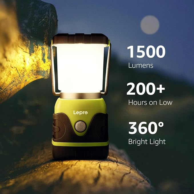 Lepro 1500LM Battery Powered LED Camping Lantern, Green Tent Light with 4 Light Modes, Camping Essentials, Waterproof Lantern Flashlight for Camping, Emergency Light, Power Outages, Not Rechargeable