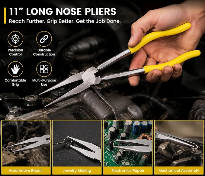 11 Inch（28cm） Long Reach Long Nose Pliers | Designed for Mechanics, Technicians, and Contractors | Work with Delicate or Difficult-to-Reach Pieces | Milled-Jaws | Steel “Needle Nose（Yellow）