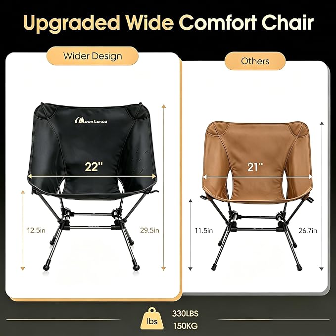 MOON LENCE Portable Camping Chair Plus, Larger & Roomier, Compact and Lightweight, Folding Chair for Backpacking Hiking Beach, Ultralight Camp Chair 330Lbs Capacity (Black)