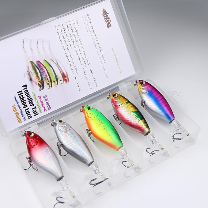 EXAURAFELIS Topwater Buzz Lure, Floating Rotating Tail Fishing Lure, Surface Noisy Hard Bait, Artificial Segmented Bait for Bass, Pike, Trout, Freshwater Saltwater Angling Tackle