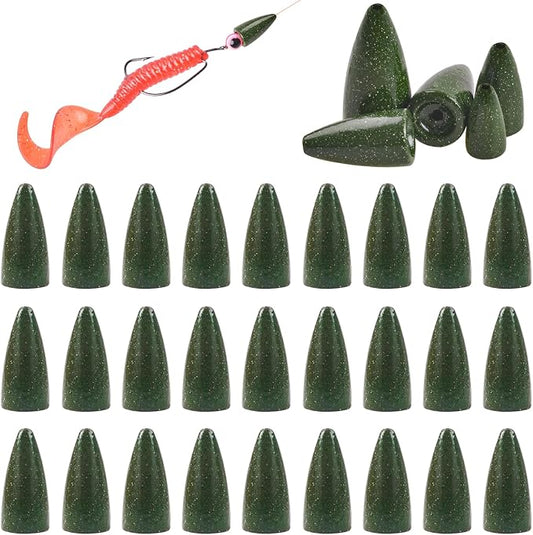 Bullet Fishing Weights Sinkers, 30pcs Worm Weights Fishing Sinkers for Bass Fishing Carolina Rig Texas Rig Slip Sinkers Sliding Fishing Weights Saltwater Freshwater
