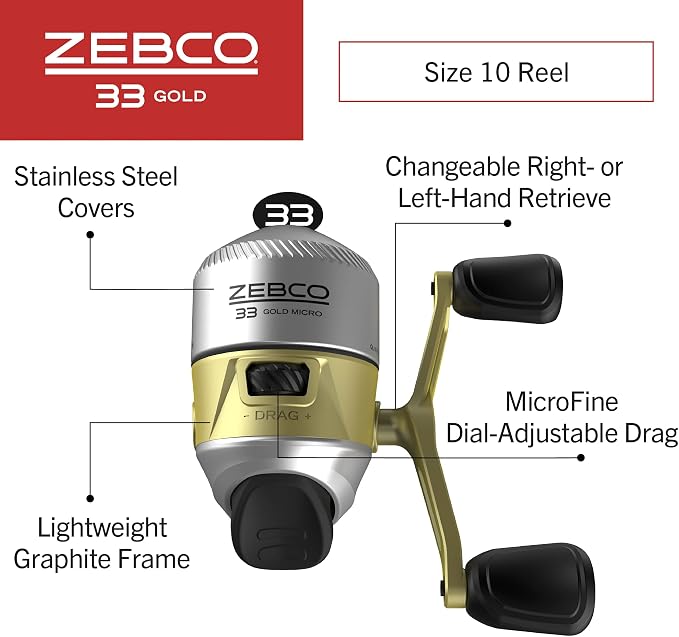 Zebco 33 Gold Spincast Fishing Reel, Changeable Right or Left-Hand Retrieve, All-Metal Gears, Pre-Spooled with Zebco Cajun Fishing Line