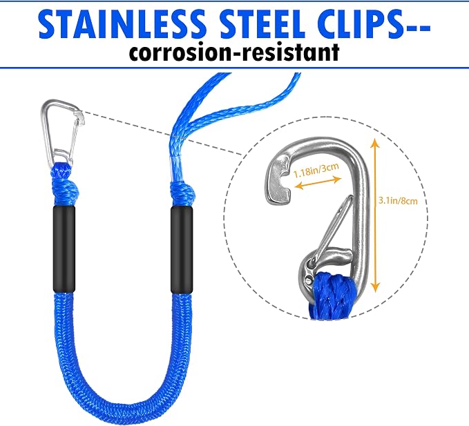 Boat Bungee Dock Lines – Adjustable Boat Tie Downs for Pontoon, Jet Ski, PWC, Kayak | Single Hook Small Cruiser Mooring Lines | (2, Blue, 3 Feet)