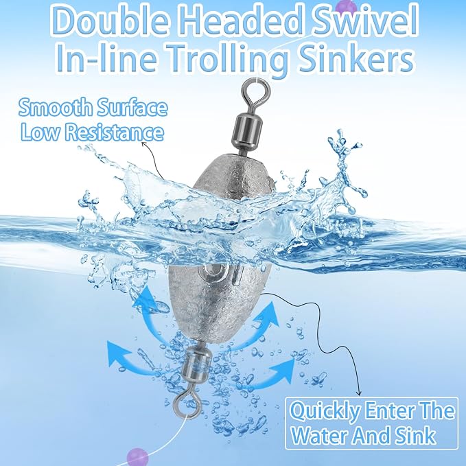 Fishing Weights Sinkers Inline Trolling Fishing Sinkers Egg sinkers with Inner Swivels Oval Drop Lead Fishing Weights for Saltwater Freshwater Fishing