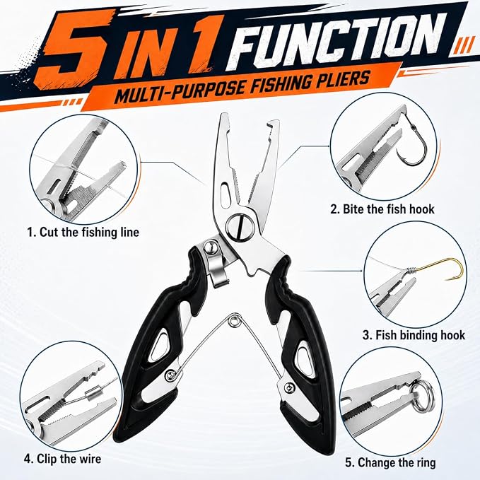200PCS Fishing Split Rings Kit, Split Ring Pliers & 4.7'' Fish Lip Gripper, 5 Sizes Heavy Duty Stainless Steel Lure Hook Connectors, 30-120lb Tackle Assortment for Saltwater Freshwater Fishing