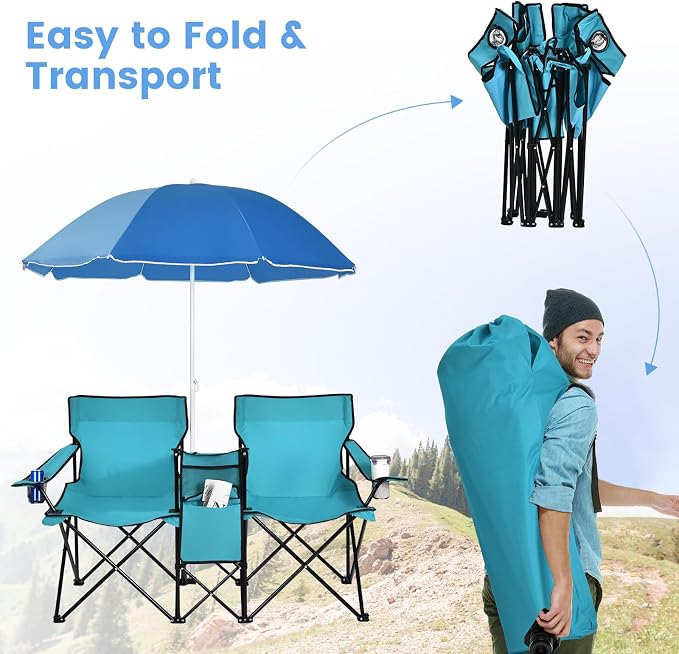Tangkula Double Camping Chairs with Umbrella, Portable 2 Seat Folding Camp Chair with Cooler Bag, Beverage Holder, Carrying Bag, Foldable Lawn Chair for Outside, Fishing, Picnic, Beach
