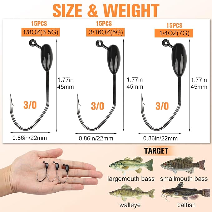 Dovesun Tube Jig Heds, 15pcs Tube Bait Fishing Jigs 3X Strong 3/0 4/0 Bass Hooks for Crappie, Trout, Bass Fishing 1/8oz 3/16oz 1/4oz 3/8oz Tube Jigs Kit for Freshwater Saltwater