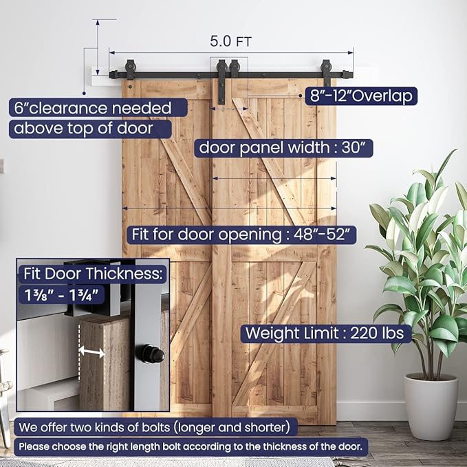 SMARTSTANDARD 5 Feet Bypass Sliding Barn Door Hardware Kit - for Double Wooden Doors-Single Track - Smoothly & Quietly - Easy to Install-Fit 48" Opening