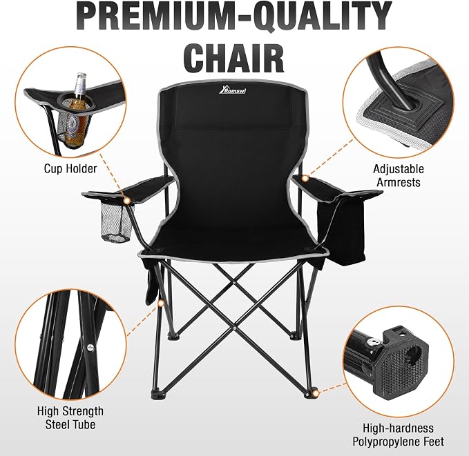 Romswi Lightweight 2Pcs Camping Chairs for Adults 400LBS Capacity, Folding Lawn Chair with 4-Can Cooler Bag, Cup Holder,Collapsible Portable Outdoor Chair for Tailgating, Beach, Fishing,Black