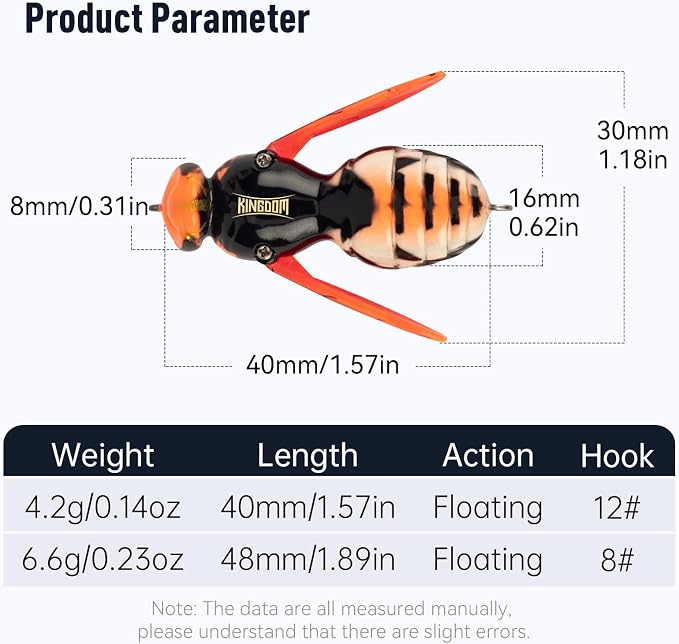 Kingdom Wasp Craw Bait Insect Bionic Floating Fishing Lures Swimbaits Hard Artificial Baits Lure for Freshwater and Saltwater Bass Carp Pike Walleye Fishing ABS Material Carbon Steel Three Book Hook