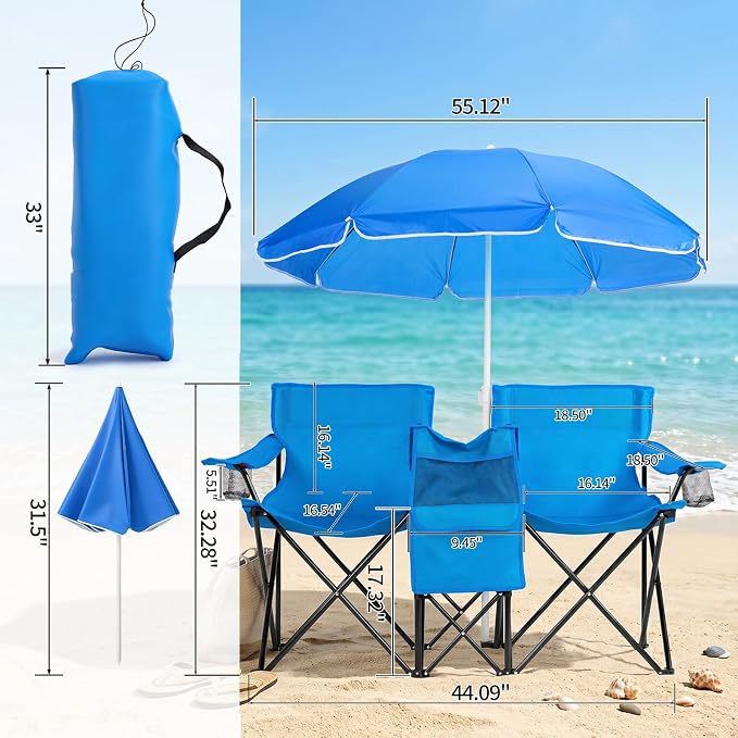 Heavy Duty Double Folding Camping Chair with Removable Adjustable Umbrella, 2 Person XL Beach Chair with Built-in Cooler Bag, Cup Holders & Side Pocket, Portable 529lbs Capacity, Blue