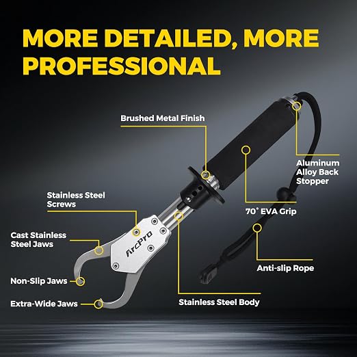 2-in-1 Fish Lip Gripper, 15.8" Stainless Steel Fish Gripper with Scale, 60lb Weighing Fish Grabber, 360° Non-Slip Swivel Handle, Tool for Saltwater & Freshwater