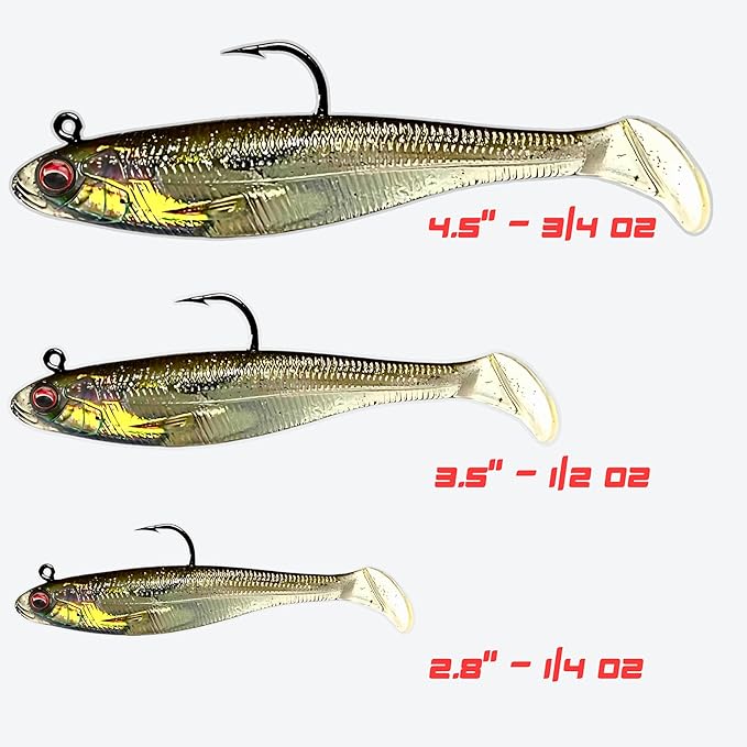 USA Bass Tackle Patriot Shad - Scent Infused Paddle Tail Swimbaits Pre Rigged Fishing Lures Premium Bait Strong Owner Hook, Fishing Gear for Bass Freshwater Predator Fish