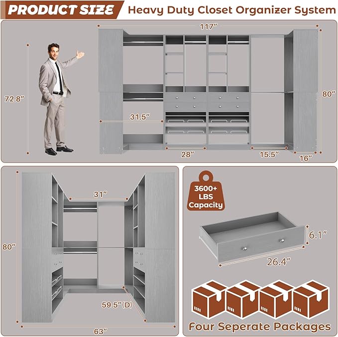 Closet System with 4 Drawers & Corner Tower, Closet Organizer System with 4 Hanging Robs, Reversible U Shaped Walk-in Closet System, Load 2600+LBS Capacity, Set of 4, Morandi Grey
