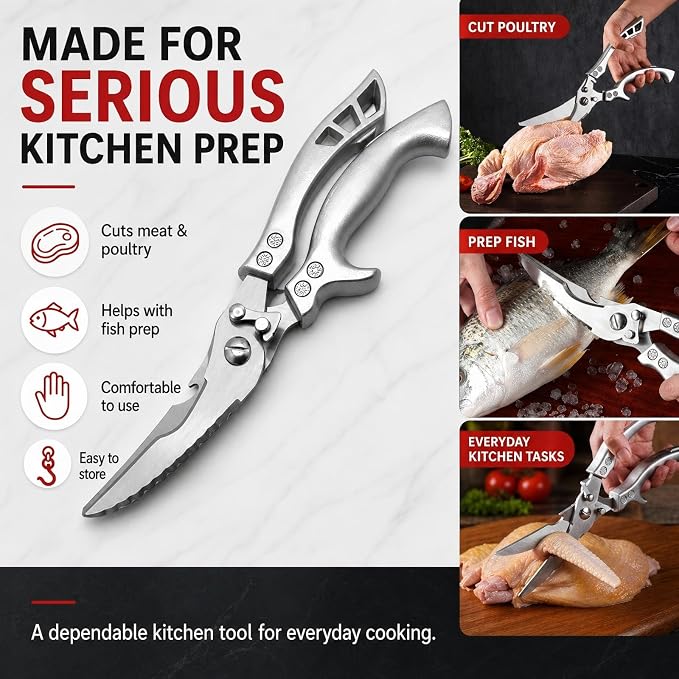 Poultry Shears - Heavy-Duty Kitchen Scissors with Fish Scaler & Bottle Opener, 2CR14 Stainless Steel, Spring Loaded, Multi-Purpose Scissors for Meat, Chicken, and Fish, Dishwasher Safe.