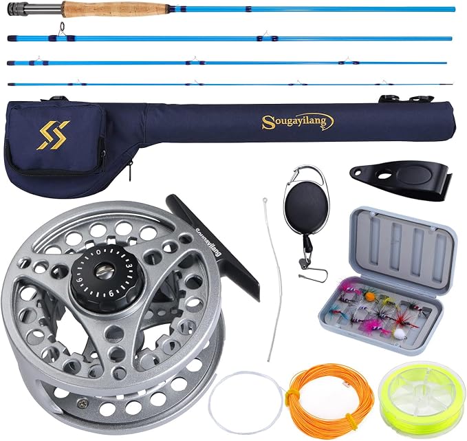 Sougayilang Fly Fishing Combo, 4 Piece Fly Rod and CNC Machined Aluminum Alloy Reel Complete Starter Package with Rod Bag
