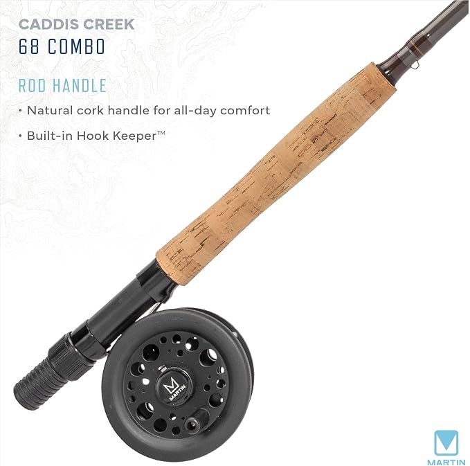 Martin Caddis Creek Fly Fishing Rod and Reel Combo, 9-Foot 2-Piece Fiberglass Rod, Moderate Fast Action, Single Action Fly Reel, Aluminum Frame and Spool, Interchangeable Retrieve, Brown