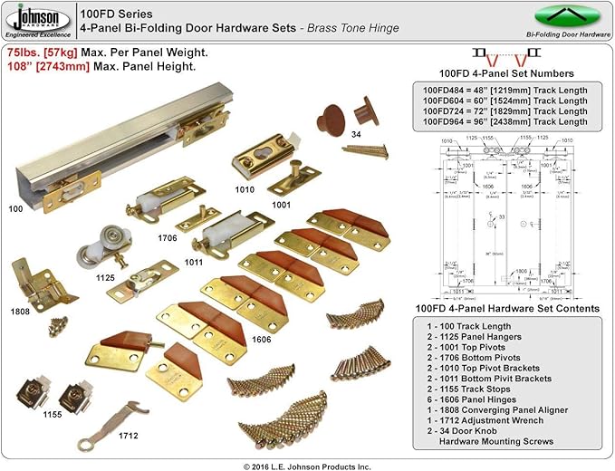 Johnson Hardware 100FD Commercial Grade Bi-Fold Door Hardware (48" - 4 Door System)