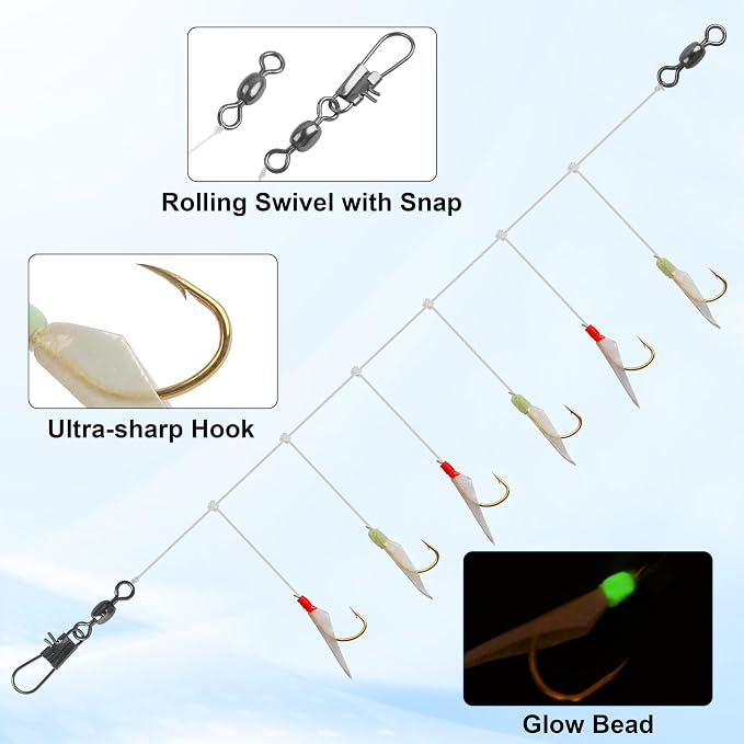 OROOTL Fishing Bait Rigs Saltwater, 6 Packs Surf Fishing Rigs with Sharp Hooks Fish Skin Feather Swivel Snap Glow Saltwater Lures Sea Bass Cod Herring Hook Rig Size 4 6 8