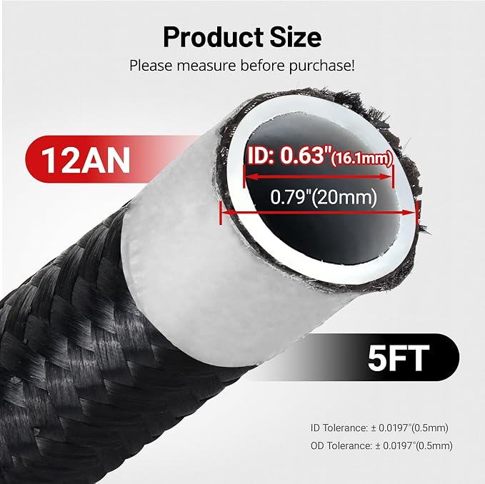 EVIL ENERGY 12AN PTFE Fuel Hose Line, AN12 Fuel Line E85 Nylon Braided 5FT Black