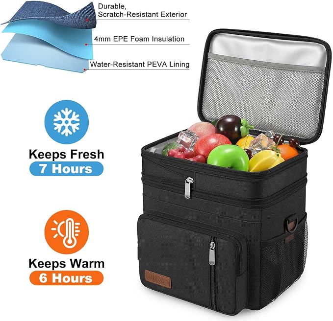 MIYCOO Lunch Bag & Lunch Box for Men Women, Double Deck Leakproof Insulated Soft Large Adult Camping Cooler bag for Work, Beach, Picnic, Travel (Black, 15L)