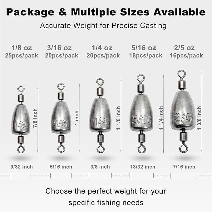 Fishing Weights with Rolling Swivel Bullet Quick Set Up Drop Shot Sinkers Streamlined Lead Fishing Sinkers for Freshwater Saltwater Catfish Bass Casting Fishing and Bottom Fishing Rigs