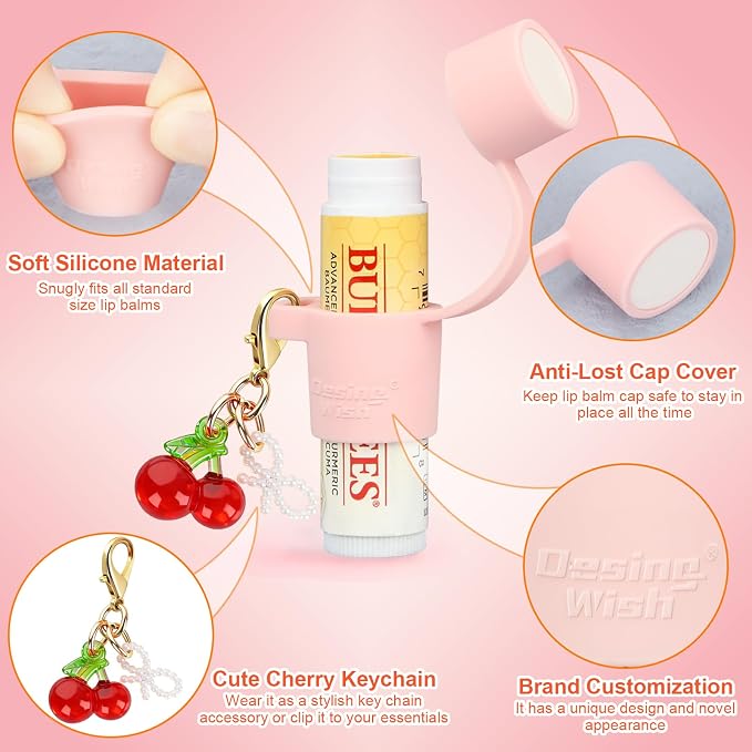 Silicone Chapstick Holder Key Chain with Cute Cherry Keychain Bag Charm Portable Lip Balm Holder Sleeve Chapstick Keychain Holder with Wrist Strap Lanyard - Pink