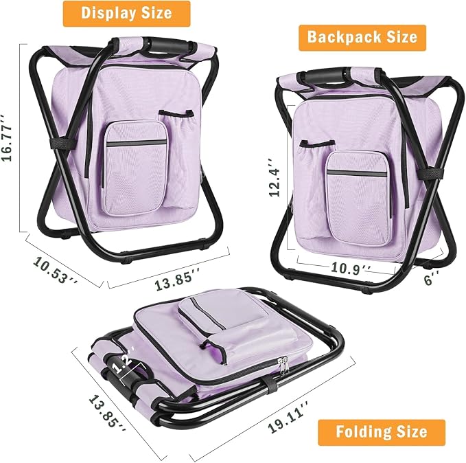 Kikerike Backpack Stool Cooler Chair Heavy Duty 300 LBS Max Load Portable Lightweight Stool Backpack Folding Fishing Cooler Seat for Camping Hunting Fishing - Pale Amethyst
