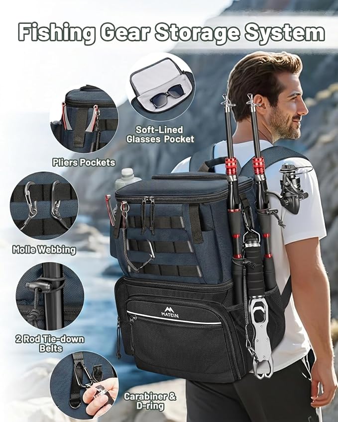 MATEIN Fishing Backpack with 4 Tackle Boxes, Fishing Bag with Rod Holder & Safety Compass & Cooler, Gifts for Fishermen